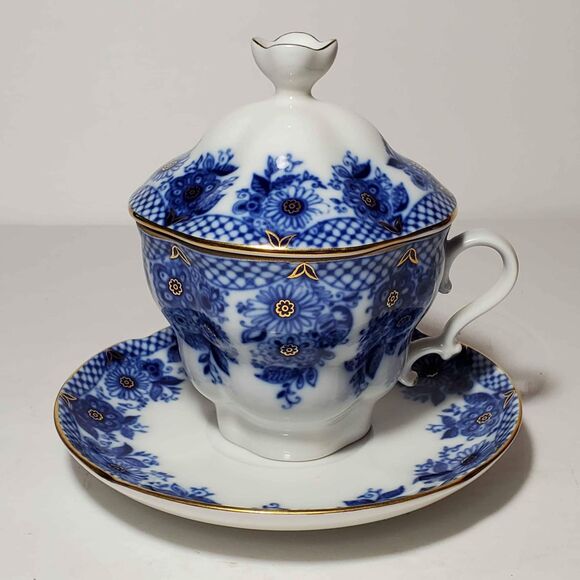 Lomonosov Teacup Saucer and Lid Blue Flowers Net Russia - Picture 2 of 9